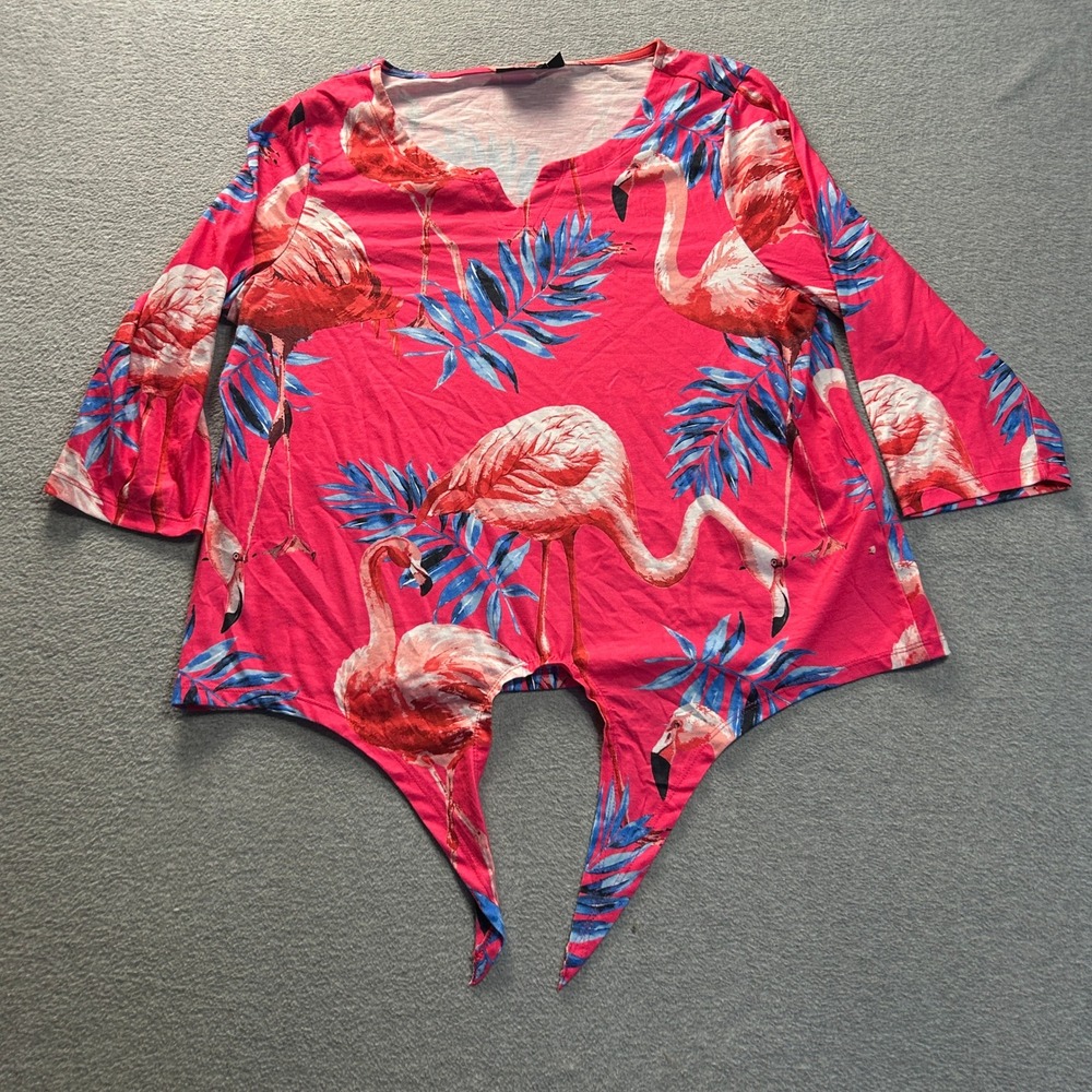 Onque Casual Tropical Sharkbite Top Womens XL Pink Flamingo 3/4 Sleeve Blouse
